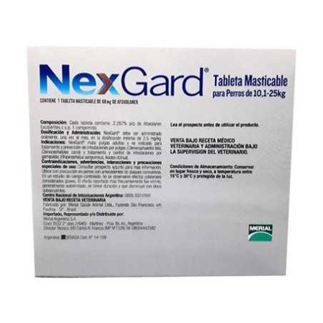 Nexgard antipulgas/garrapatas/ácaros, 1 Tableta masticable, de 10,1-25 kg