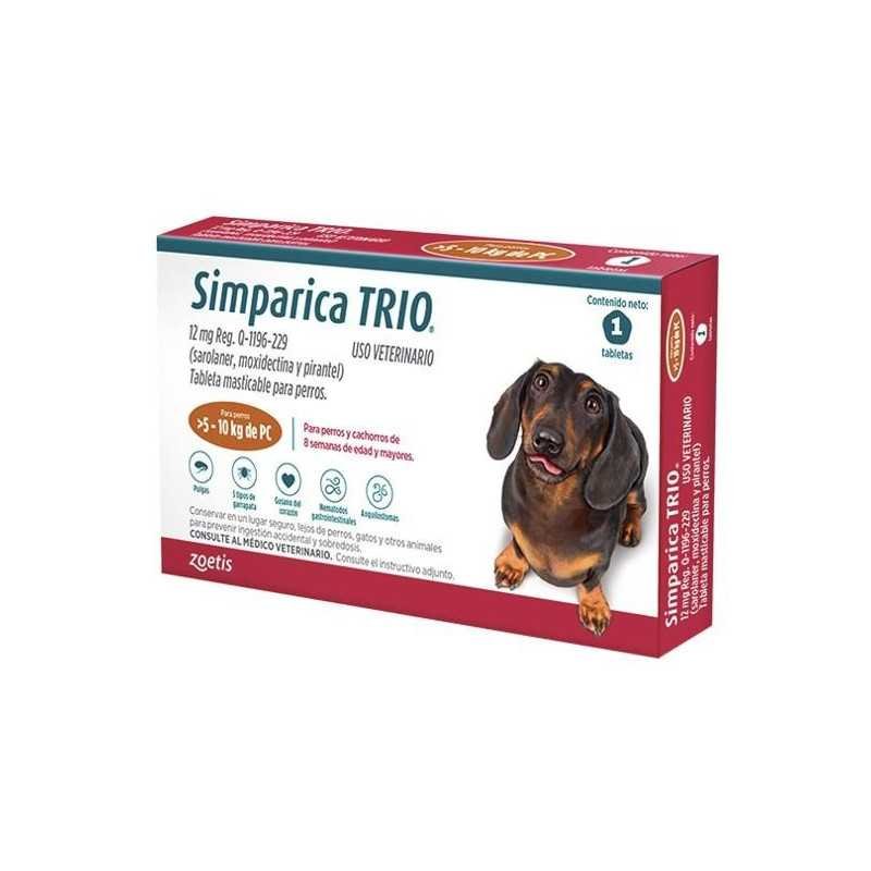 Simparica Trio antiparasitario interno y externo. 1 tableta masticable, de 5-10 kg