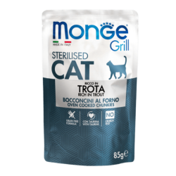 Monge Grill Gato Adulto Esterilizado, Alimento húmedo, Libre de granos, Sabor Trucha, 85 g