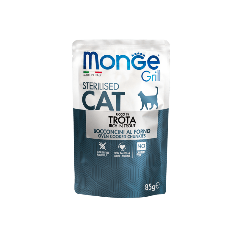 Monge Grill Gato Adulto Esterilizado, Alimento húmedo, Libre de granos, Sabor Trucha, 85 g