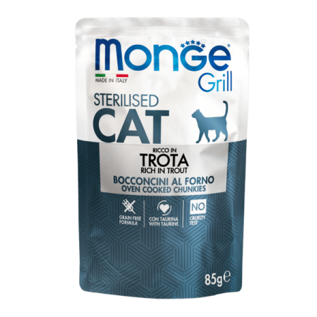 Monge Grill Gato Adulto Esterilizado, Alimento húmedo, Libre de granos, Sabor Trucha, 85 g