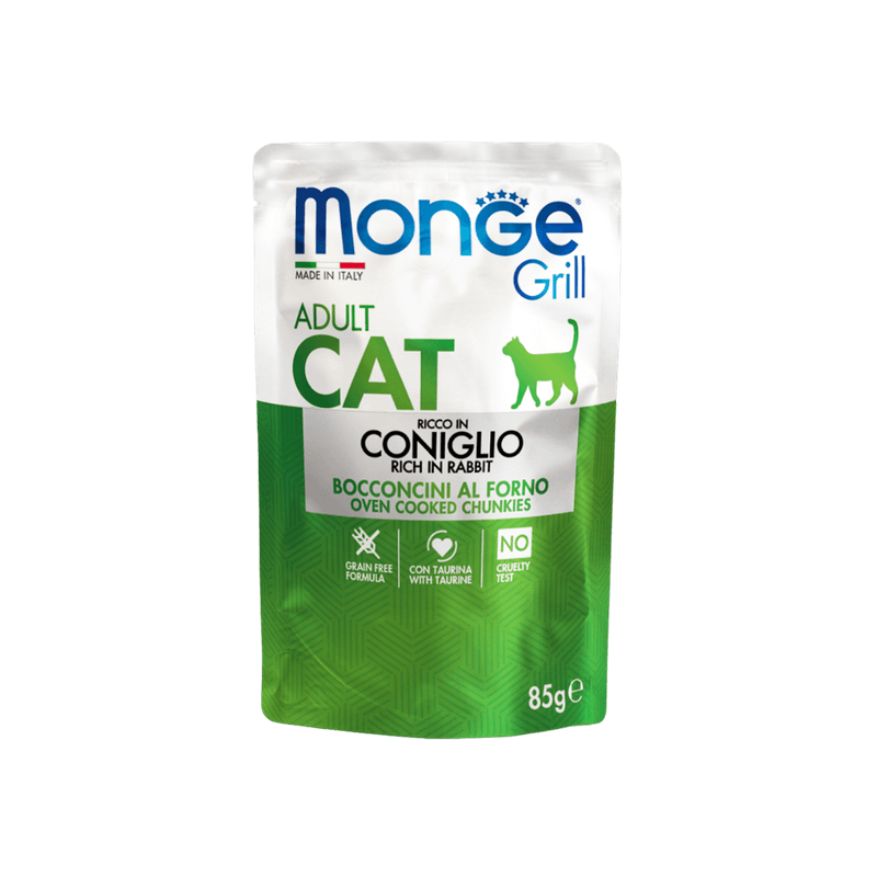 Monge Grill Gato Adulto, Alimento húmedo, Libre de granos, Sabor Conejo, 85 g