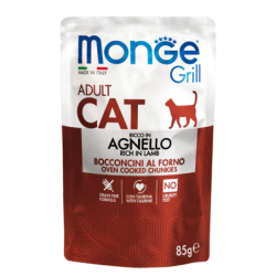 Monge Grill Gato Adulto, Alimento húmedo, Libre de granos, Sabor Cordero, 85 g