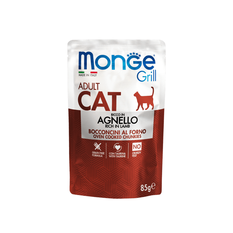 Monge Grill Gato Adulto, Alimento húmedo, Libre de granos, Sabor Cordero, 85 g
