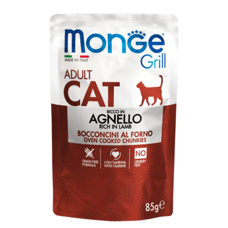 Monge Grill Gato Adulto, Alimento húmedo, Libre de granos, Sabor Cordero, 85 g