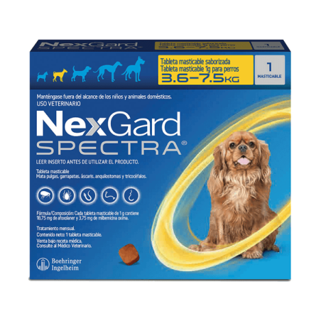 Nexgard Spectra, desparasitante interno y externo, 1 Tableta masticable, de 3.6 - 7.5 Kg